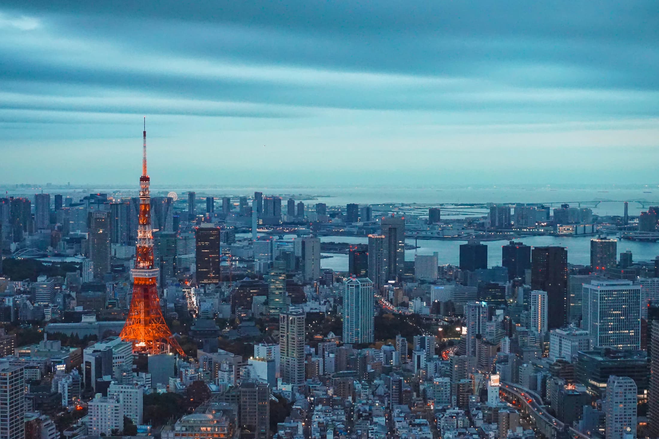 Tokyo Tower illuminated above the city at dusk